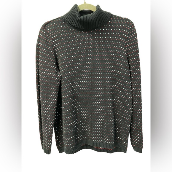Karen Scott Birdseye Turtleneck Sweater‎ Black w/red & white hearts Medium - Picture 1 of 10